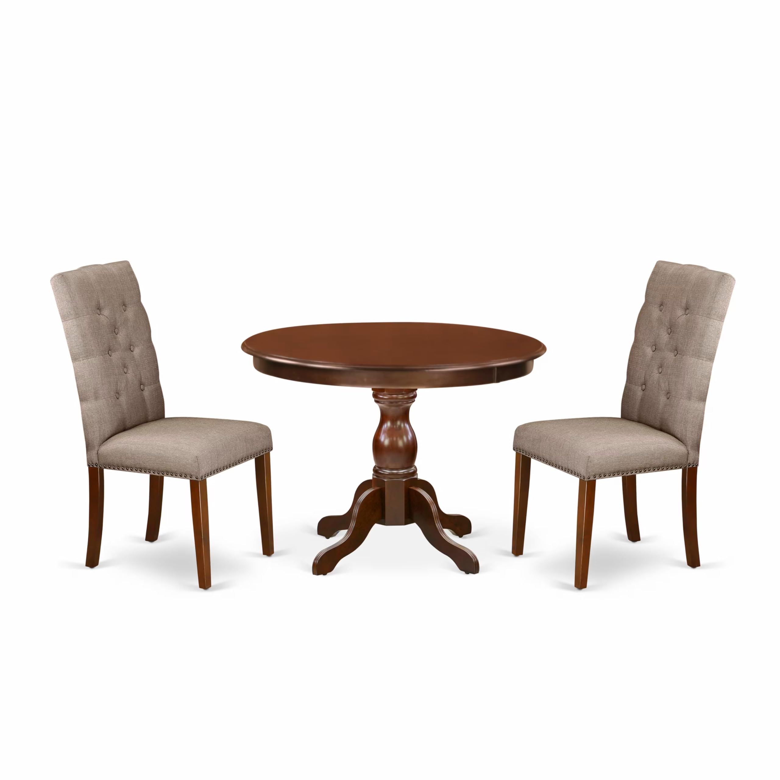 East West Furniture HBEL3-MAH-16 3 Piece Dining Room Furniture Set Contains a Round Dining Table with Pedestal and 2 Dark Khaki Linen Fabric Upholstered Chairs, 42x42 Inch, Mahogany